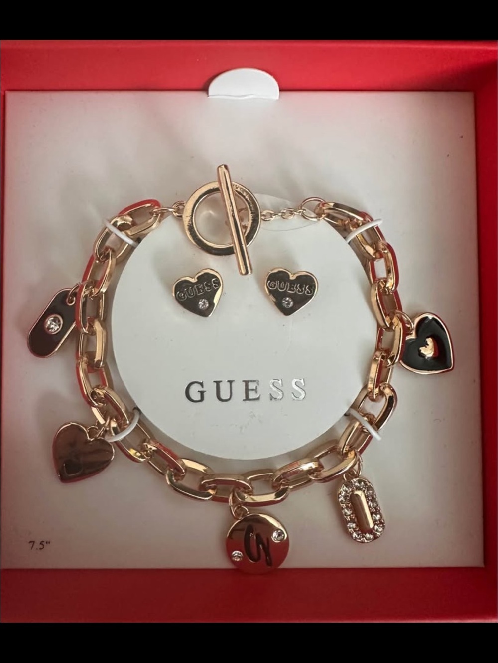 GUESS Gold-Tone Heart Charm Bracelet with Matching Heart Studs